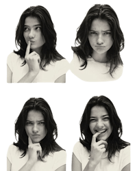 four different pictures of a woman with her finger in her mouth