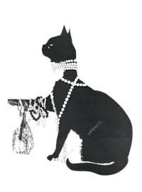 a silhouette of a black cat holding a necklace