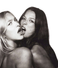 a black and white photo of two women with their mouths open