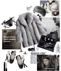 a collage of various items including a fur coat and shoes