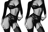 two black and white pictures of a woman in lingerie